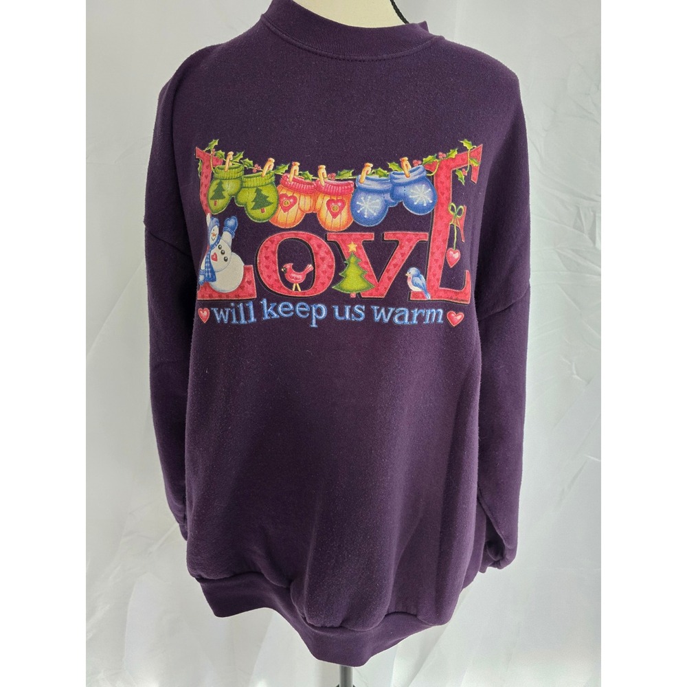 Tultex Womens XL Purple Love‎ Will Keep Us Warm Christmas Sweatshirt